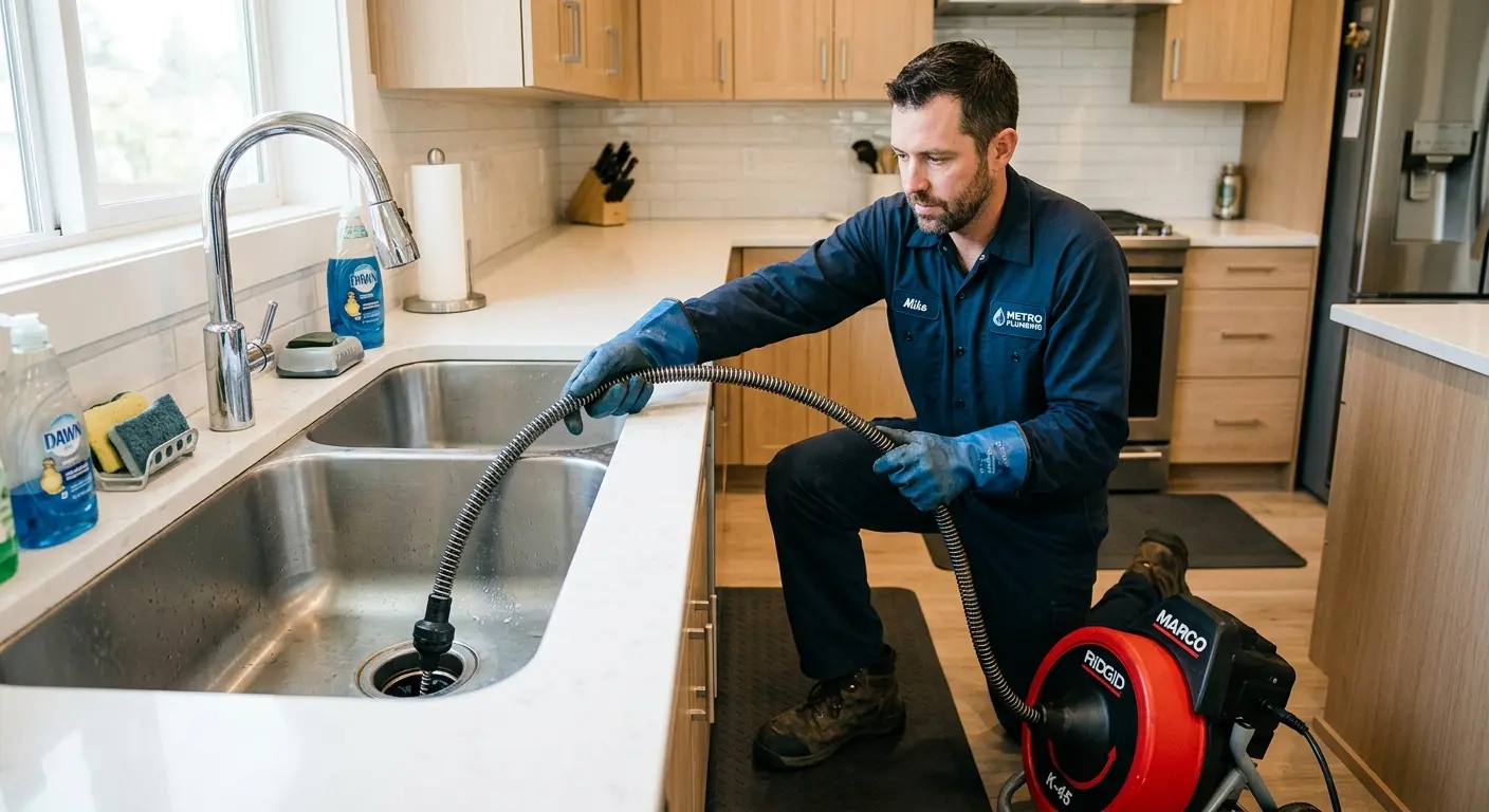Drain cleaning technician using a motorized snake on a kitchen sink in Champlin