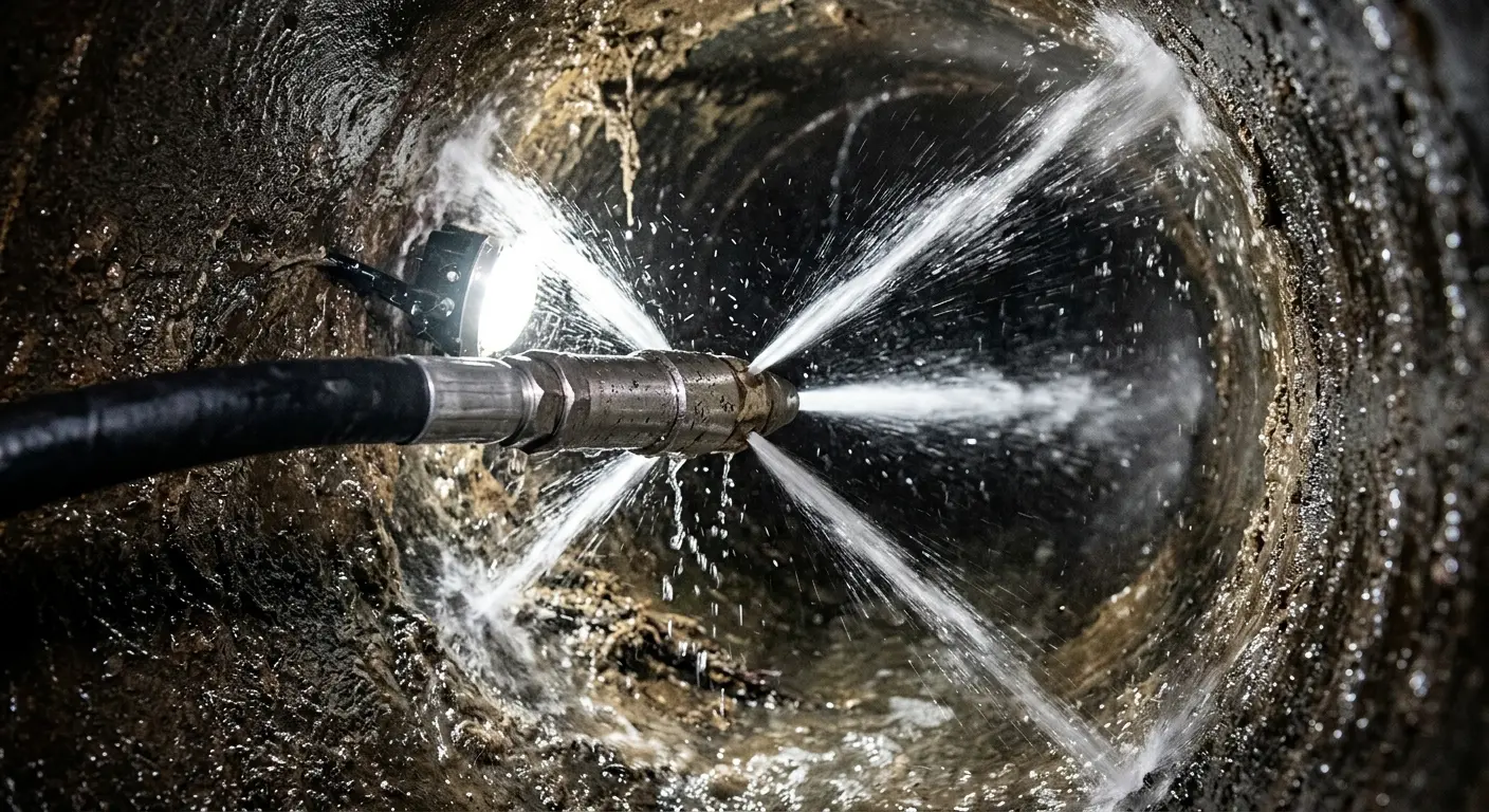 High-pressure hydro jetting nozzle cleaning sewer pipe for Trenchless Sewer Repair in Champlin