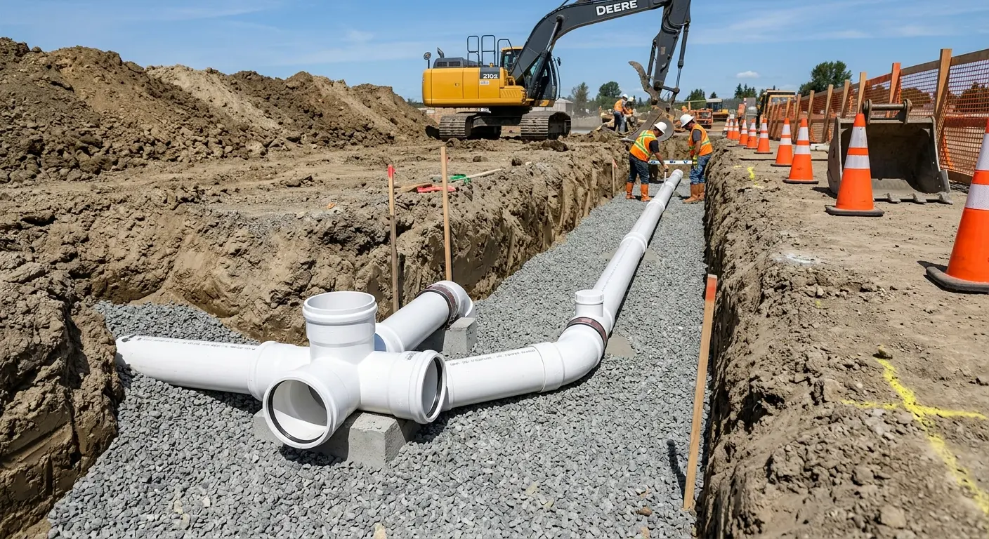 New PVC sewer pipe installation in open trench for Sewer Backup in Champlin