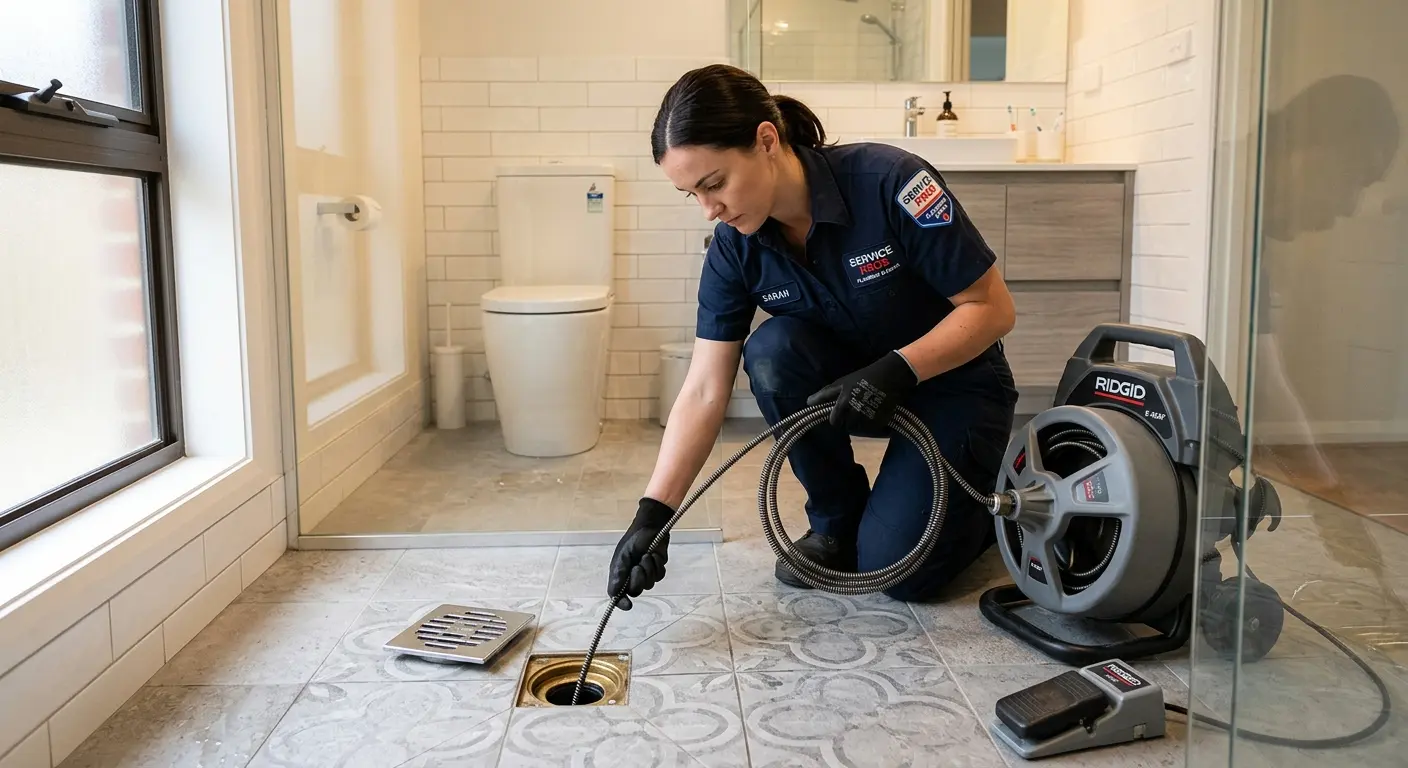 Technician clearing a bathroom floor drain for Drain Cleaning in Champlin